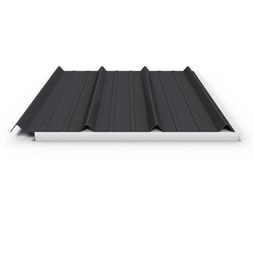 Black ribbed metal roofing panel on white base