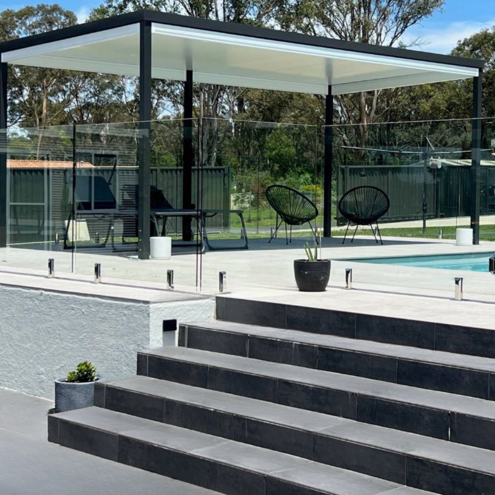 Outdoor patio with pool and modern seating